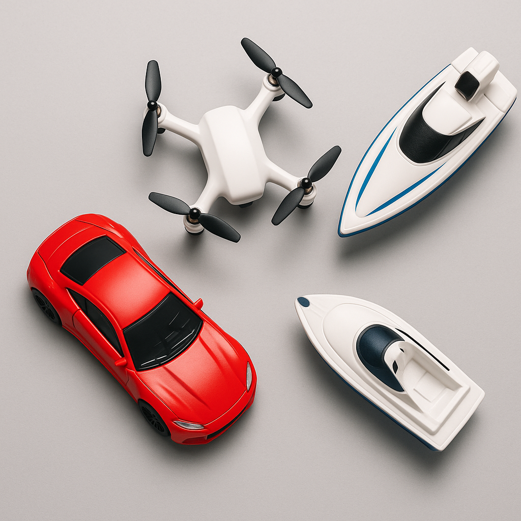 Red toy car, white drone, and white speedboat arranged on a gray background